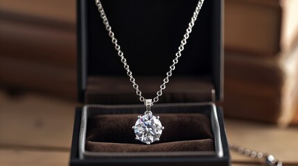 A stunning diamond pendant necklace, elegantly displayed in a minimalist black box with a velvet interior