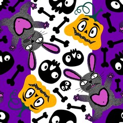 Halloween monsters seamless bunnies and pumpkins and skulls pattern