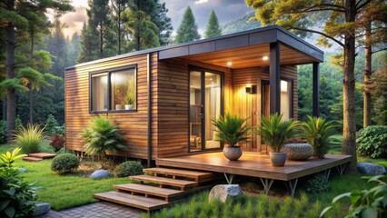 Modern tiny home exterior featuring natural wood designs, large windows, and lush greenery, showcasing sustainable living in harmony with nature, exuding cozy elegance and sophistication.