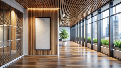 Modern office hallway with large windows features an empty framed poster mounted on a wooden wall, surrounded by sleek lines and abundant natural light.