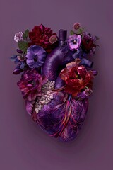 Artistic anatomical heart of burgundy flowers on purple background. Concept art.