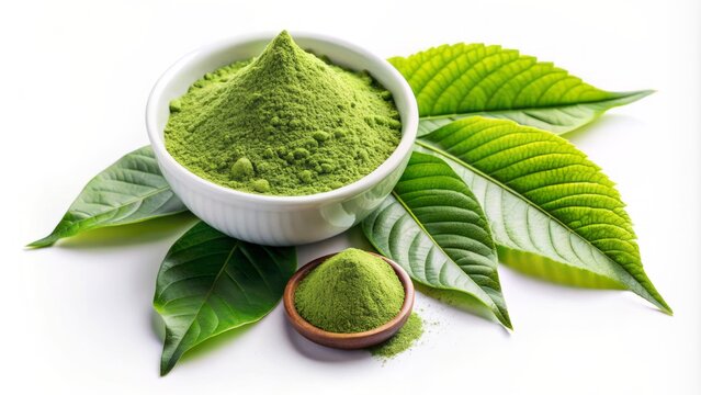 Vibrant green matcha powder and kratom leaves delicately arranged on a pristine white background, evoking a sense of refreshing energy and natural wellness.