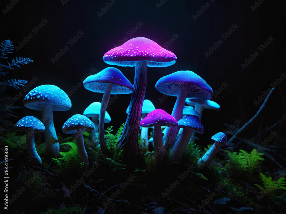 Sticker magic mushroom in the forest, neon light.