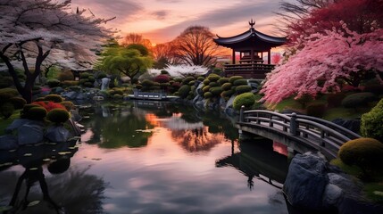 Panorama of japanese garden with cherry blossoms at sunset