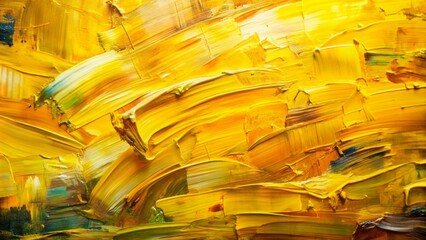 Vibrant yellow, heavily-textured, abstract oil painting with thick, expressive brushstrokes on a transparent background, evoking warmth and energetic visual tension.