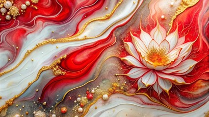 Vibrant abstract background featuring swirling red, white, and gold alcohol ink hues, glimmering with glitter, against a subtle lotus-inspired marble texture.