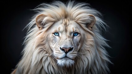 Fototapeta premium Regal white lion with piercing blue eyes and majestic mane poses in portrait orientation against a dark, mysterious black background.