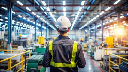 Rear view of an occupational health and safety worker standing in a bustling production hall, wearing a black reflective vest and helmet, amidst blurred machinery.