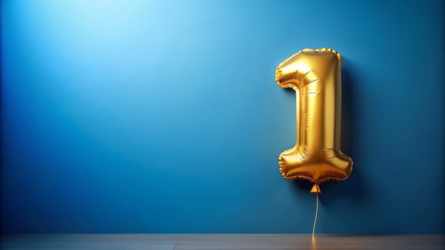 Golden balloon with number one shines on a bright blue background, symbolizing a one-year anniversary milestone, with ample copy space for custom messaging.