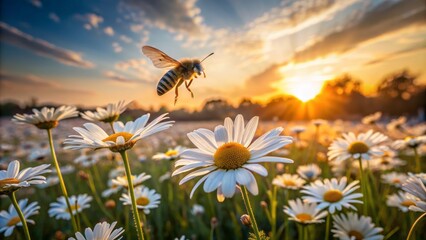 Sunny Meadow with Blooming Daisies and Bee