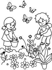 Children Gardening Coloring Page

