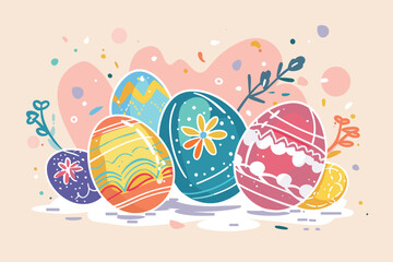 Vector art illustration easter basket with easter eggs on a white background a drawing of a basket of eggs in grass and a drawing of grass and a tree branch basket of painted  generative ai