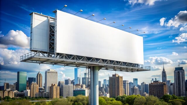 A large blank billboard in a busy city street, illuminated at night