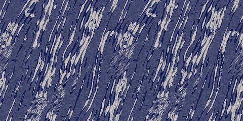 Denim blue dye effect seamless woven linen background, Distressed ink blotch mottled repeat pattern design for fashion border banner ribbon.