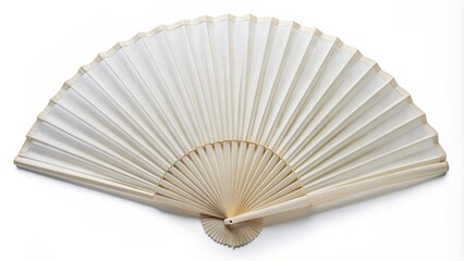 Isolated white folding hand fan lies flat against a clean white background, its delicate ribs and gentle curves highlighted in crisp, high-contrast detail.