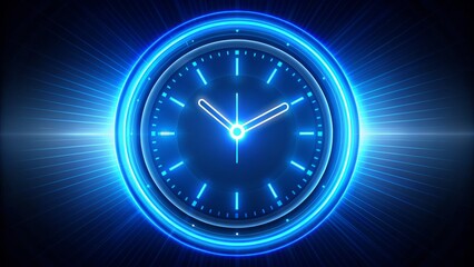 Futuristic digital clock light effect with glowing silhouette of clock representing time, set against a vibrant blue neon clock vector illustration background.