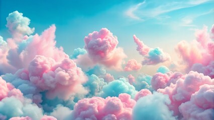 Soft, whimsical background featuring delicate, fluffy baby pink pastel cotton candy clouds drifting lazily across a serene, creamy blue sky.