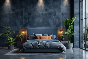A modern bedroom with a blue wall, large windows, and a bed with grey bedding