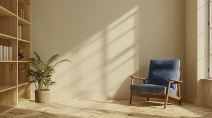 Scandinavian Design Empty Living Room Interior with Wooden Floor, Beige Wall Mockup, Blue Armchair, Bookshelf, and Potted Plant - 3D Rendering Illustration