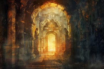 An atmospheric digital painting of an ancient mystical archway with golden light illuminating the passage, guarded by hooded statues in a grand, ornate hall, creating a sense of mystery and grandeur