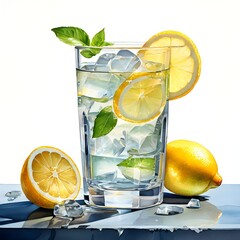 Minimalist beverage glass with ice cubes and lemon photography
