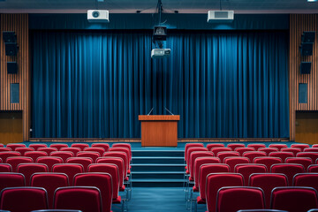 Fototapeta premium A modern lecture hall with a focus on the podium, featuring red chairs and a blue curtain backdrop, equipped with projectors and sound systems, ready for presentations or conferences