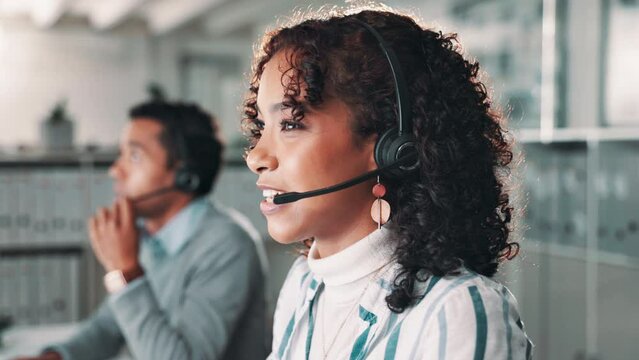 Business, call center and girl in office consulting for crm, about us or faq, help or b2b networking. Telecom, outsourcing and consultant in customer service, virtual assistance and inbound marketing
