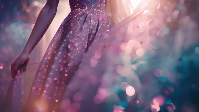 A holographic image of a model in a holographic maxi dress with holographic flowers blooming on the fabric.