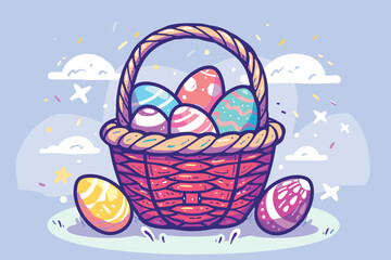 Vector art illustration easter basket with easter eggs on a white background a drawing of a basket of eggs in grass and a drawing of grass and a tree branch basket of painted  generative ai