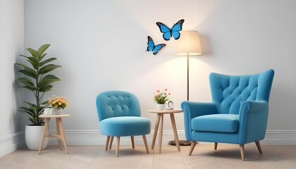 A stylish blue armchair is placed against a cheerful yellow wall, with a small table holding a decorative vase and a modern lamp.