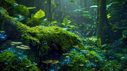 Enchanted moss-draped forest with bioluminescent fungi glowing among lush green foliage.