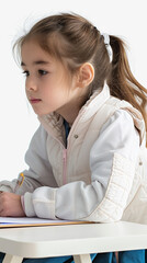 Realistic photo of an elementary school girl writing homework at her desk, hunched over, on a white background in a minimalist style.
