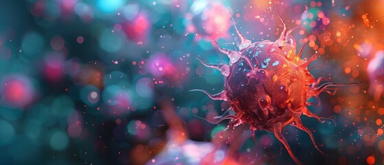Abstract visualization of a virus particle glowing in vibrant colors against a blurred background. Perfect for scientific and medical themes.