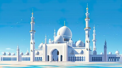 Illustration of white mosque with blue sky