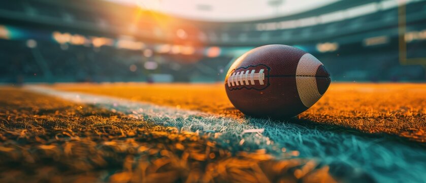 Close-up of an American football on a grassy field under stadium lights, with warm sunlight and a blurred background.