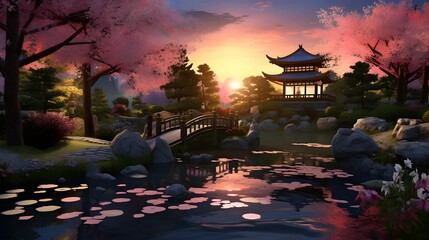 Panoramic view of japanese garden at sunset with a lotus pond