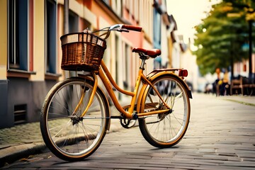 Retro style bicykle with basket in the street
