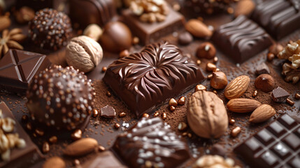 An delectable array of chocolates and nuts celebrating world chocolate day, representing the indulgent and tempting treats enjoyed during this holiday.