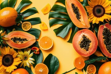 vibrant tropical fruit platter with papaya oranges and sunflowers summer organic flat lay