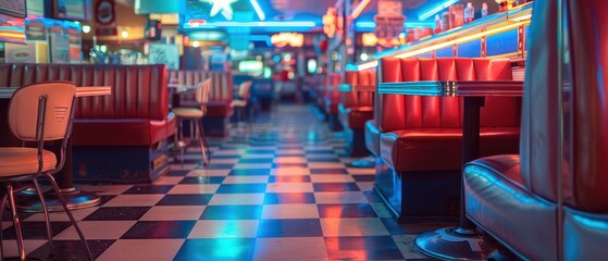 Retro American diner with neon lights, red booths, and checkered floor, capturing a nostalgic 1950s atmosphere during the evening.