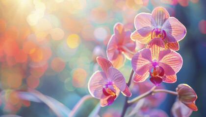 Vibrant blooming orchids with soft bokeh background, illuminated by warm sunlight. Ideal for nature, floral, and garden themes.