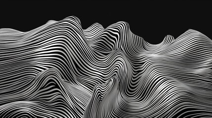 Abstract black and white striped wavy landscape digital illustration.