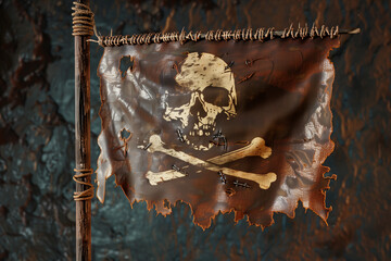 A Tattered Pirate Flag Waving on a Pole, Featuring a Skull and Crossbones Design Against a Dark, Textured Background
