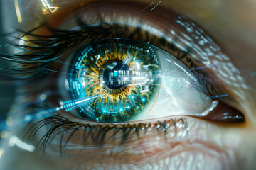 Intricate Visualization of a Human Eye Reflecting Advanced Digital Technology, Showcasing Complex Networks and Futuristic Elements in a Close-up View