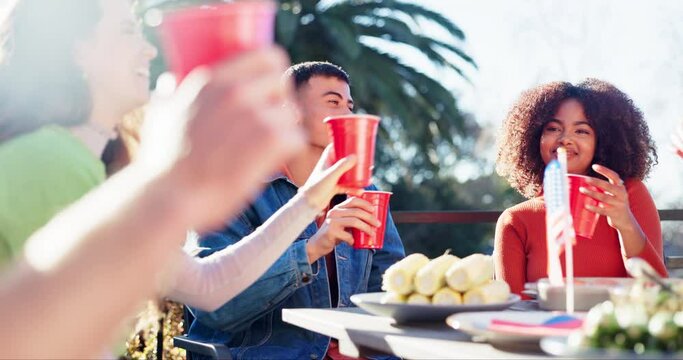 People, party and meal on independence day, outside and lunch with American flag for culture. National holiday, tradition and USA country pride, friends and food or cheers celebration with cups