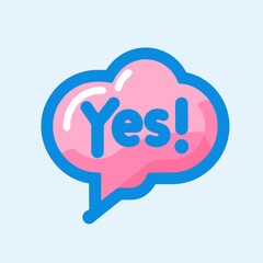 dialog clouds on a blue background. Inside the cloud is the text ['Yes!']