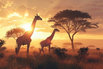 Giraffes grazing among acacia trees - Powered by Adobe
