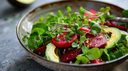 Snow pea cress beetroot salad with avocado