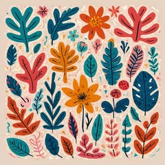 Colorful organic shapes doodle collection. Cute botanical shapes, random childish doodle cutouts of tropical leaves and flowers, decorative abstract art vector illustration, Generative AI 