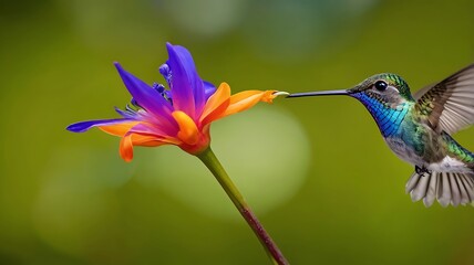 A captivating image of the Long-tailed Sylph (Aglaiocercus kingi), a stunning species of hummingbird, captured in flight with its iridescent plumage shimmering in the sunlight.